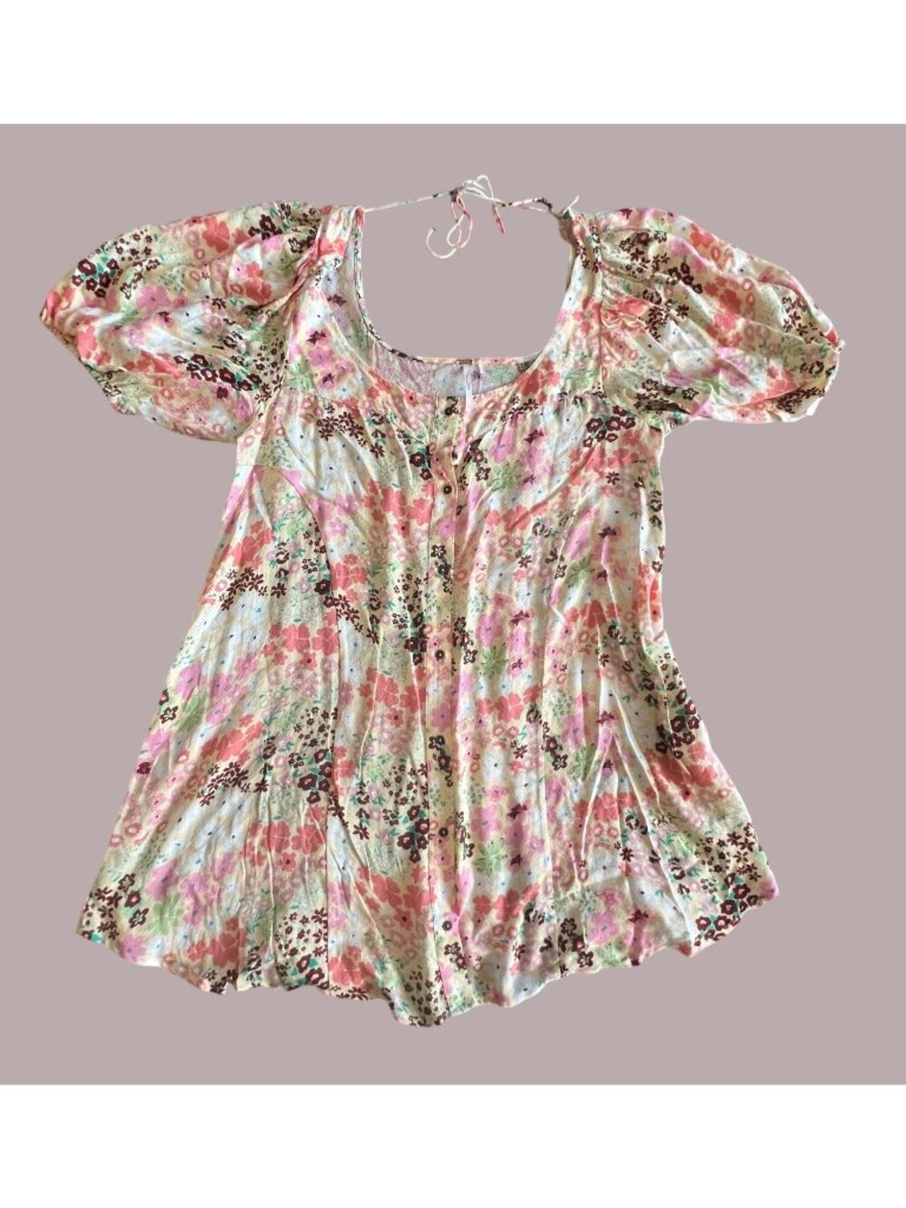 Free People Floral Puff Sleeve Viscose Blouse Large Pink/Yellow